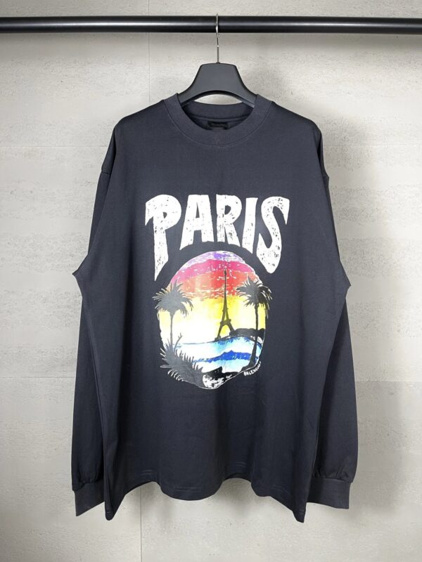 Balenciaga High Version 2025 New Hawaiian Sunset Coconut Tree Iron Tower Pullover