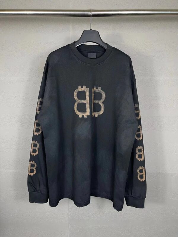 Balenciaga High Version SS24 Front and Back Double B Mud-dyed Distressed Long Sleeve