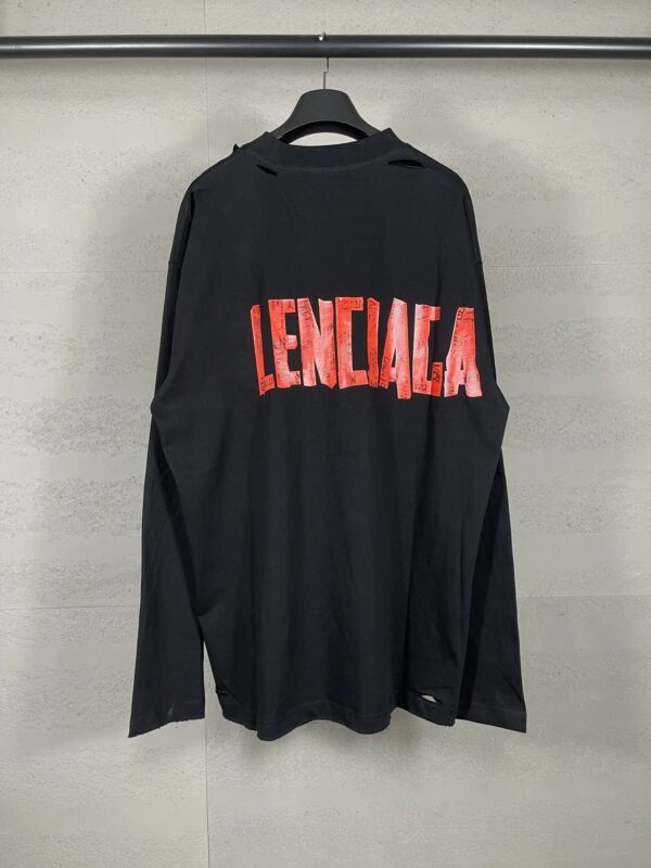 Balenciaga High Version SS25 Waxed Paper Tape Pulp Printing Washed and Distressed Long Sleeve