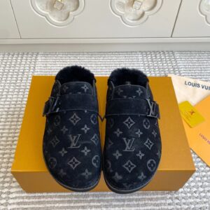 Louis Vuitton Couple Set Felt-Topped Half-Slip-On Slippers with Fur Trim