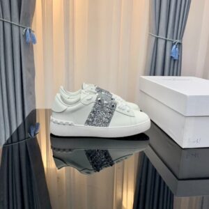 Valentino Rockstud Cream-White & Silver Sparkle Thick-Sole Sneakers
