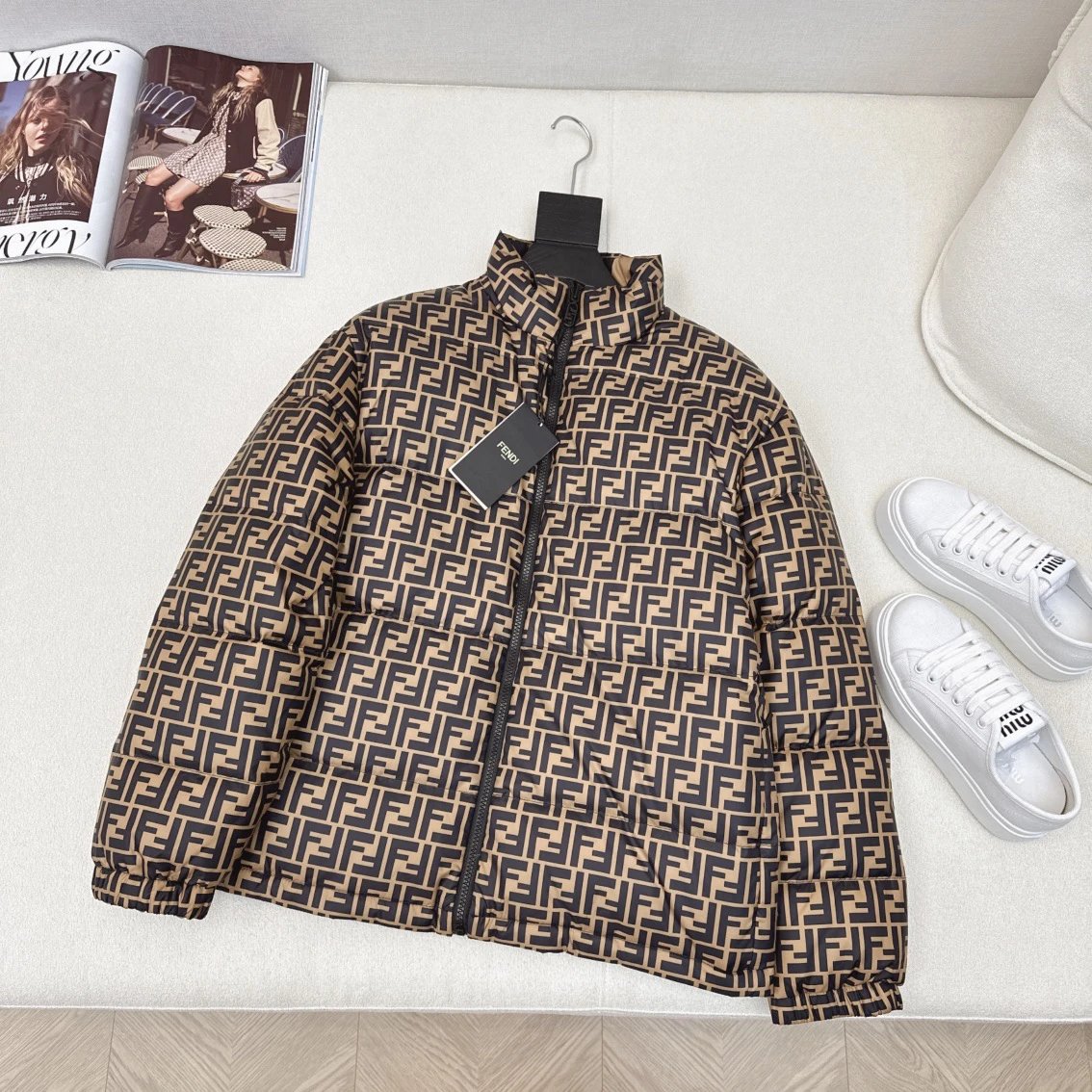 Fendi Down Jacket in Brown and Black Color Blocking
