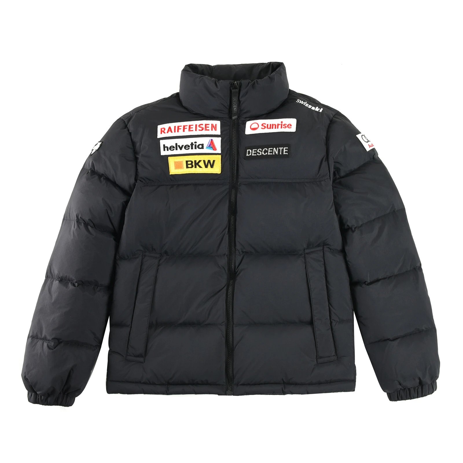 DESCENTE Black Down Jacket - Stand Collar Zipper Style with Multi-Brand Patch Streetwear Sports Jacket