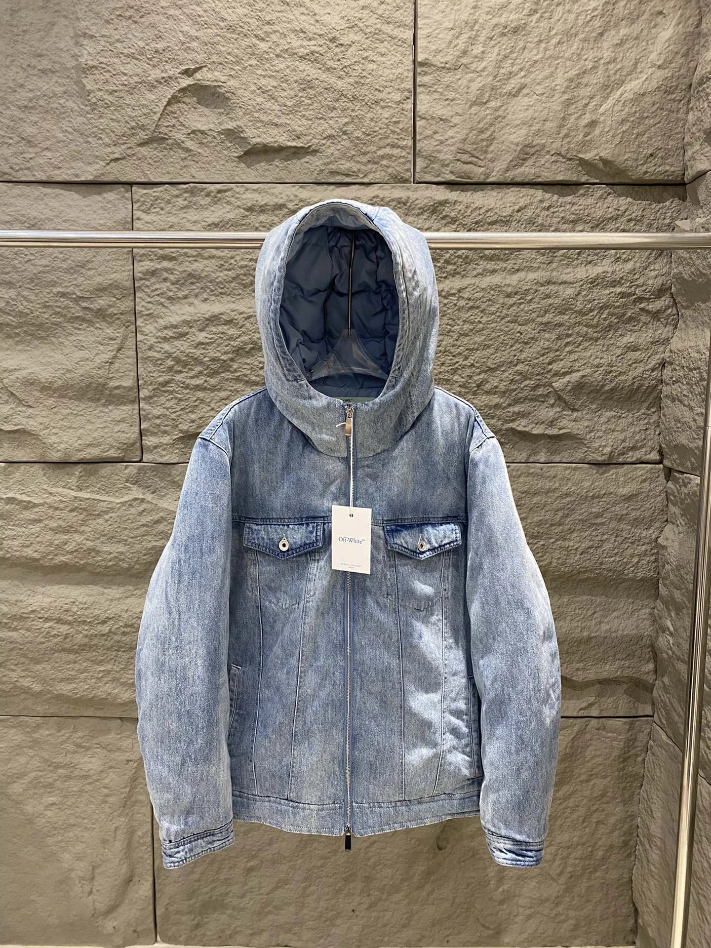 Off-White Light Blue Denim Hooded Puffer Jacket