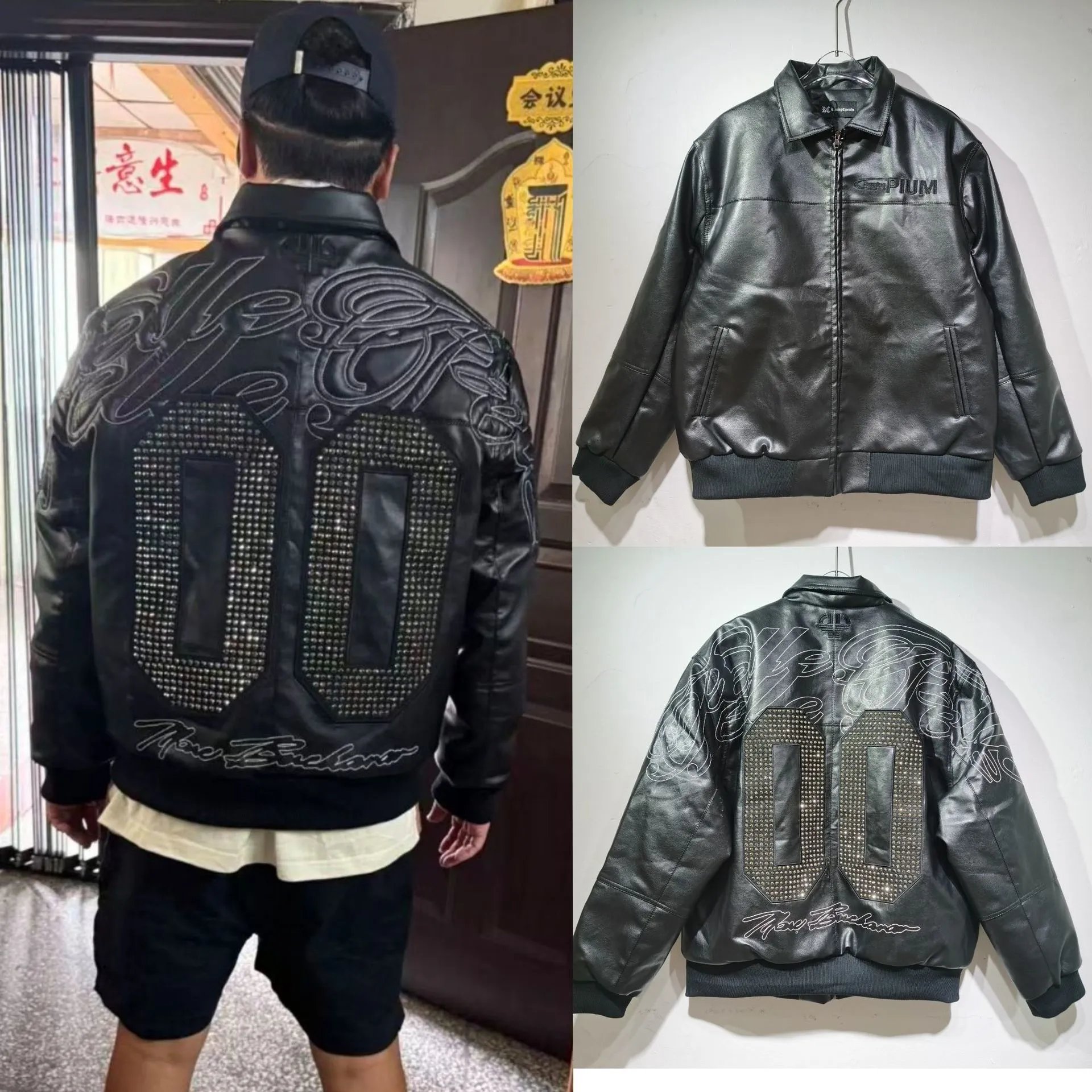 PUUM Embroidered Streetwear Leather Jacket Black