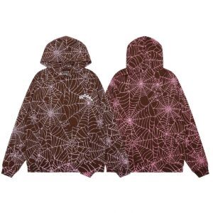 sp5der American Streetwear High-Street Spider Web Print Hoodie Brown