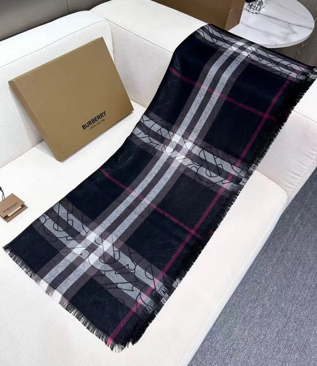Burberry Check Print Scarf Navy Blue