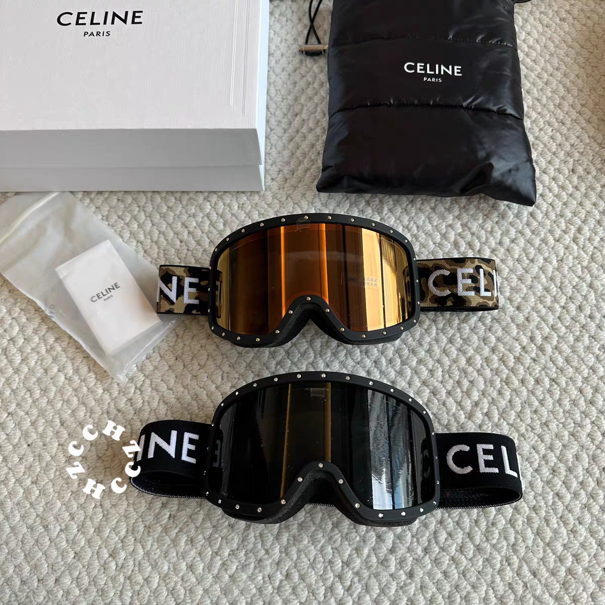 CELINE Leopard Print Ski Goggles Gold