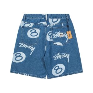 Stussy Black Eight Print Denim Shorts - Blue