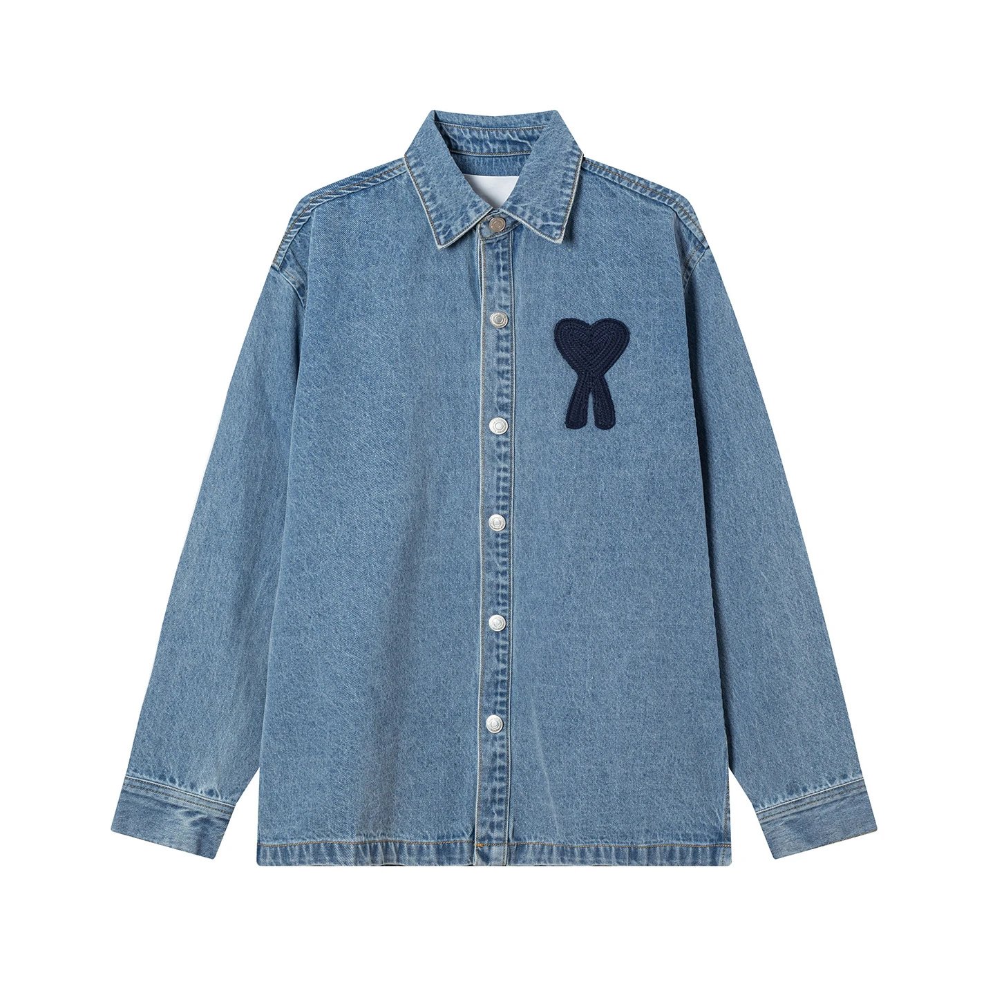 Embroidered Casual Blue Denim Shirt AMI