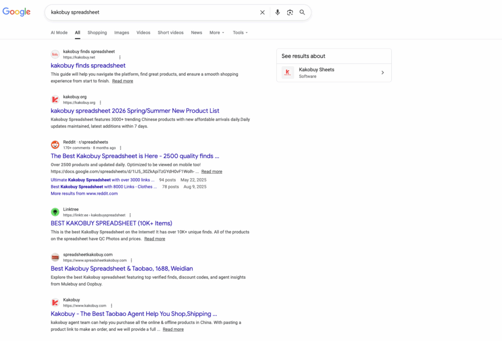 These are Google search results for Kakobuy spreadsheets.